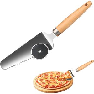 3 in 1 Pizza Spatula Server and Cutter - with Rolling Wheel & Rocker Blade, Wooden Handle Pie Cutter Tool, Cake Server, Pastry Cutter for Baking, Pie Gadgets & Hang Hole