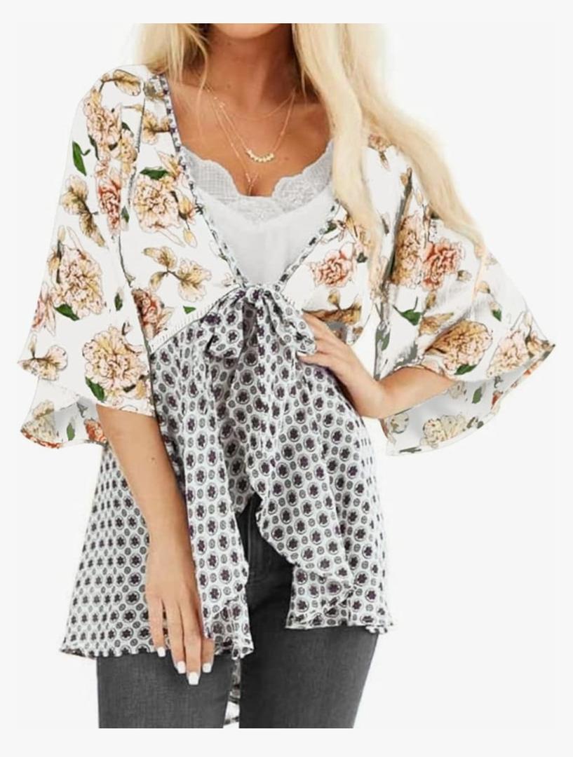 ChainJoy Chiffon Boho Floral Kimono Cardigans Tie Front Half Sleeve, Size: L