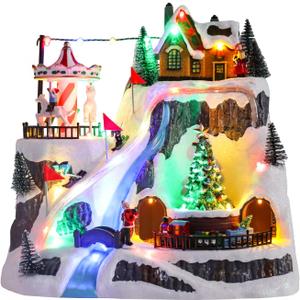 WONDER GARDEN Christmas Village Houses-Christmas Houses Village - Lighted Musical Ski Resort Collectible Buildings with Moving Train, Rotating Tree and Carousel for Indoor Decor or Gift