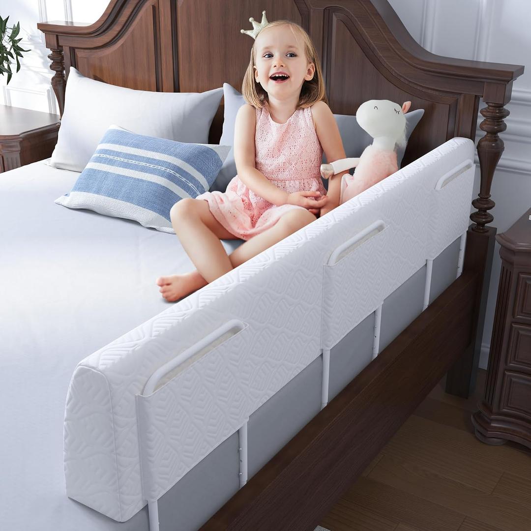 FigTime Bed Bumper for Toddlers, Foam Bed Rail for Toddlers, Toddler Bed Rail Bumper, Soft Safety Bed Guard Rail for Kids, Bed Side Rail for Twin, Full, Queen & King Beds (White, 59", 3-Bracket), 59IN