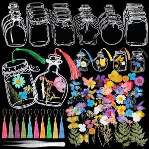 TaoBary 152 Pcs DIY Transparent Dried Flower Bookmark Set Handmade DIY Bookmarks with Dried Pressed Flowers Leaves Butterfly Stickers Colorful Tassels and Tweezers for Reader Writer(Rainbow Color)