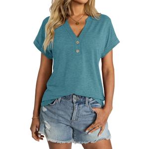 Womens V Neck Short Sleeve Tops Casual Summer T Shirts Loose Fit Rolled Sleeve Tee Tunic Blouse (Small)