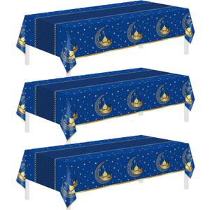 Childom 3 Pack Ramadan Table Cloth,Ramadan Decorations for Home,54" x 108" Eid Mubarak Decorations,Eid Ramadan Tablecloths Rectangular,Blue Plastic Table Cloth Disposable Table Cover for Party Favors