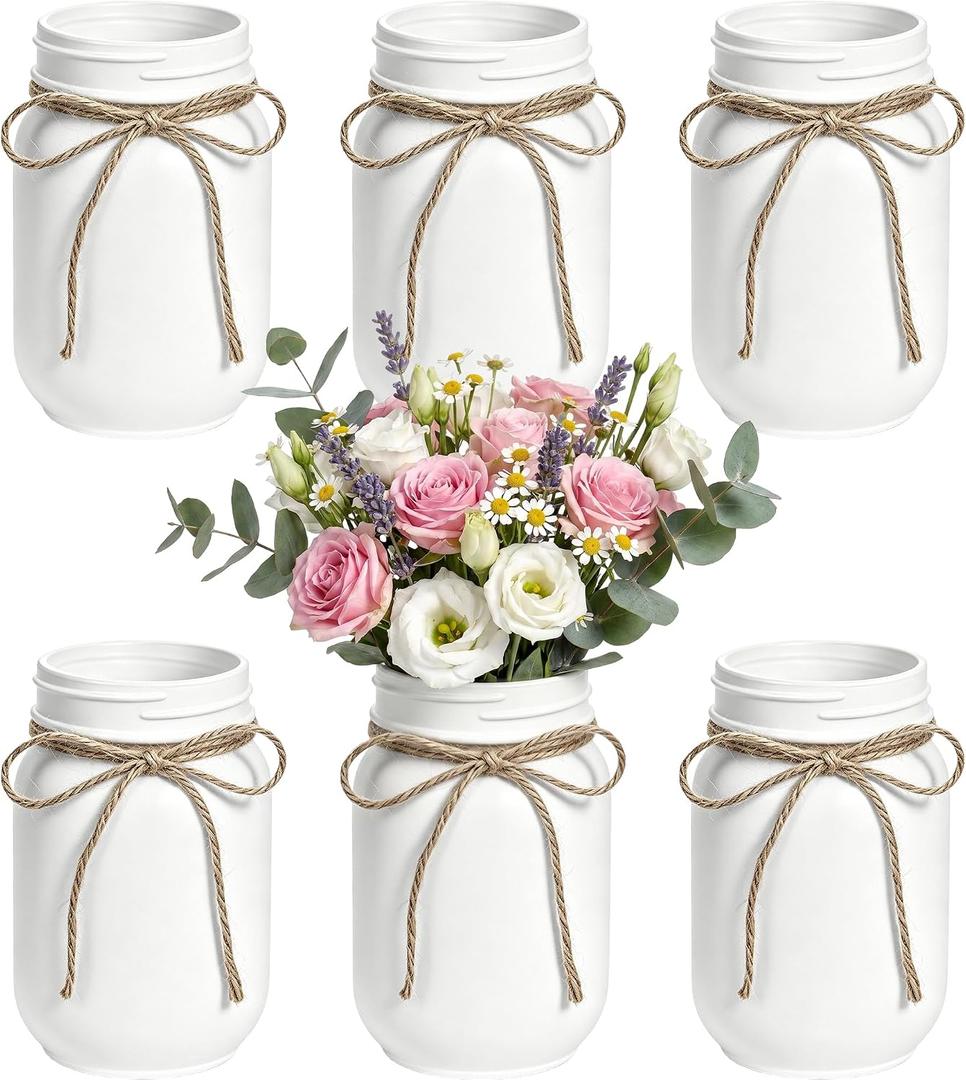 5Pcs White Mason Jar Glass Flower Vases for Centerpieces | Farmhouse Rustic Decorative Vases with Twine, Wedding & Home Table Decor, Multi-Purpose Vase Bulk, Floral Arrangements
