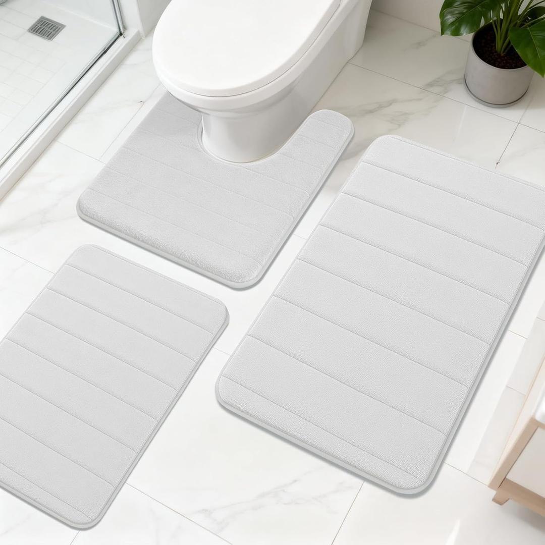 Bathroom Rugs Sets 3 Pieces Thicker Memory Foam Bath Mat with Non Slip Backing, Machine Wash, Dries Quickly, Ultra Soft White Bath Carpet with Toilet Rug for Bathroom,Kitchen,Tub