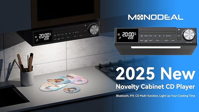 MONODEAL Bluetooth CD Player,Under Cabinet Kitchen FM Radio CD Player,Dual HD Speakers,Wireless Music System with LED Light,Remote Control,Kitchen Timer,Dual Alarm Clock Black