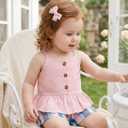 Kucnuzki Toddler Baby Girl Clothes Summer Outfits Ruffle Sleeveless Linen Shirt Kid Short Set for Girl