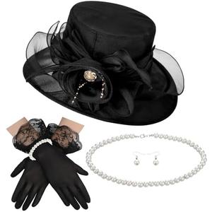 Aurelema 5 Pcs Derby Fascinator Hat Gloves Set for Women Tea Party with Pearl Necklace Bracelet and Earring