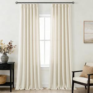 108 inch Long Pinch Pleated Linen Curtains 2 Panels Set for Living Room Sliding Door Warm Beige Light Filtering Semi Sheer Window Curtain Rustic Farmhouse 108 Inch Pinch Pleat Drapes with Hooks Rings