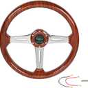 350mm 14" Deep Dish Acrylic Wood Grain Steering Wheel,Universal 6 Bolts EZGO Golf Cart Steering Wheel Slotted 3 Spoke with Horn button