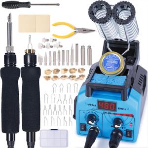 YIHUA 939D-II Pyrography Pen Wood Burning Kit Station 2-in-1 Solid-Point 200~480C (with Temp Display)/Wire-Nib 250~750C with 20 Nibs, Solid Points, 1 Stable Pen Holder, 2 Scrap Wood (Blue)