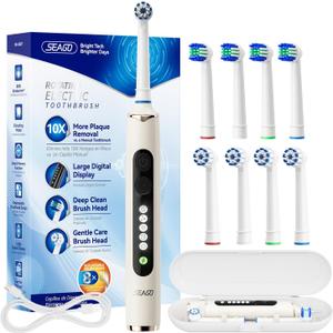 SEAGO Rotating Electric Toothbrush for Adults - 8 Replacement Heads (4 Soft/4 Hard), IPX7 Waterproof, 5 Modes with Memory Function, 2-Minute Timer, USB Type-C Rechargeable (SG-2607-Beige)