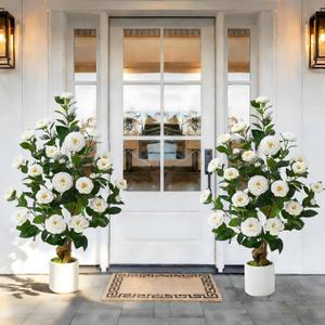 2 Pcs Artificial Camellia Tree, 38" Artificial Tree Plants Outdoor Faux Plants in Pot, Artificial Flower for Outdoors Front Porch Decor, Greenery Faux Fake Tree Plant for Indoor Outdoor Home Decor
