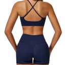 Women 2 Piece Workout Set Spaghetti Straps Cross Back Sports Bra V High Waist Biker Shorts Gym Outfit with Pocket, XS