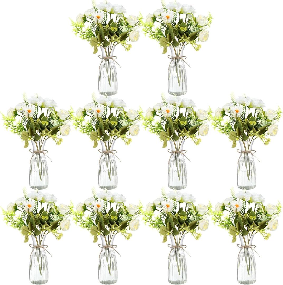 20 Pack Artificial Flowers with Vase Bulk, 10 Bundles Silk Flower Bouquet 10 Clear Vase with 1 Pcs Rope, Table Centerpiece Arrangement Wedding Party Deco(Dahlia,White)