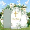3Pcs God Bless Arch Backdrop Cover 4ft 5ft 6ft First Holy Communion Christening Party Spandex Fitted Arch Stand Cover Sage Green Photography Backdrop for Baptism Birthday Party Banquet Ceremony Decor