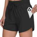 Women's 5" Running Shorts Quick Dry Sporty Athletic Gym Workout Shorts with Zipper Pockets Liner (Black, L)