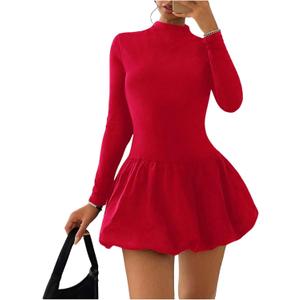 GORGLITTER Women's Long Sleeve Bubble Mini Dresses Elegant Classy Mock Neck Y2k Fall Cocktail Brunch Date Night Dresses (Red), Small