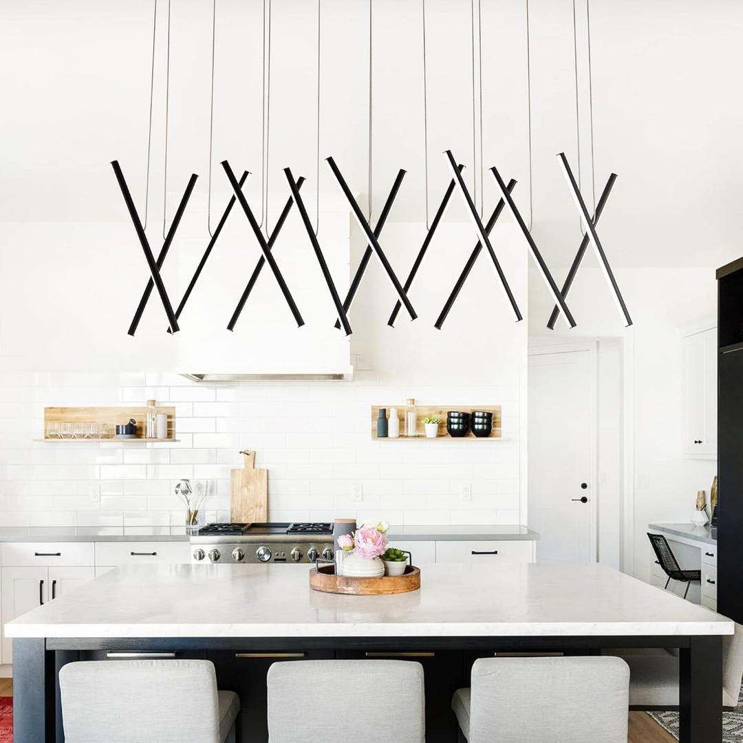 Modern Linear Chandelier Kitchen Island Lighting, Dimmable Modern LED Chandelier, 14-Lights Linear Pendant Light Fixtures 98W for Kitchen Dining Room Bar Foyer,Height Adjustable, 3000-6000K