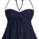 SHENHE Women's Babydoll Tops Halter Neck Strapless Lace Trim Drawstring Going Out Peplum Tops (Large, Deep Blue)