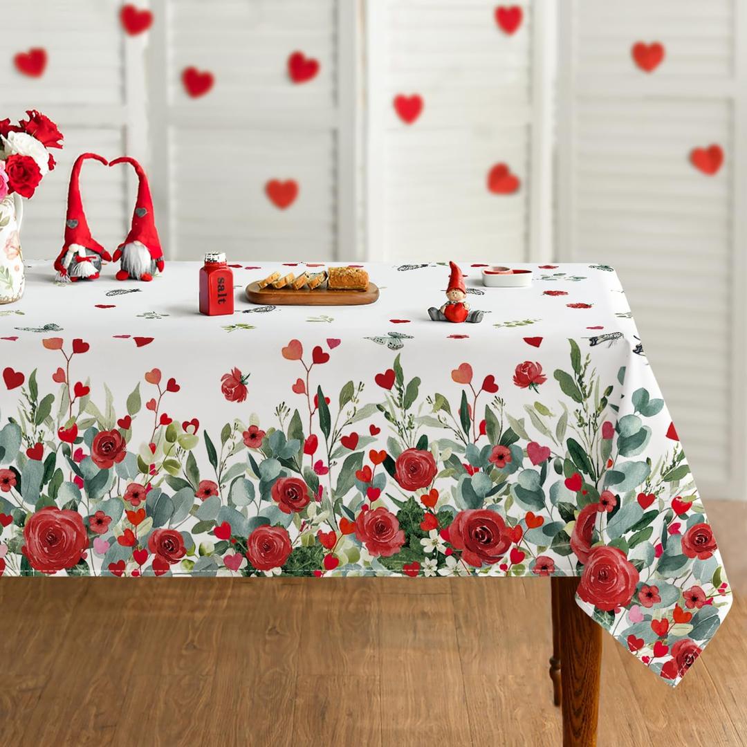 Horaldaily Valentine Tablecloth 52×70 Inch Rectangular, Rose Flower Butterfly Red Hearts Plants Washable Table Cover for Party Picnic Dinner Decor