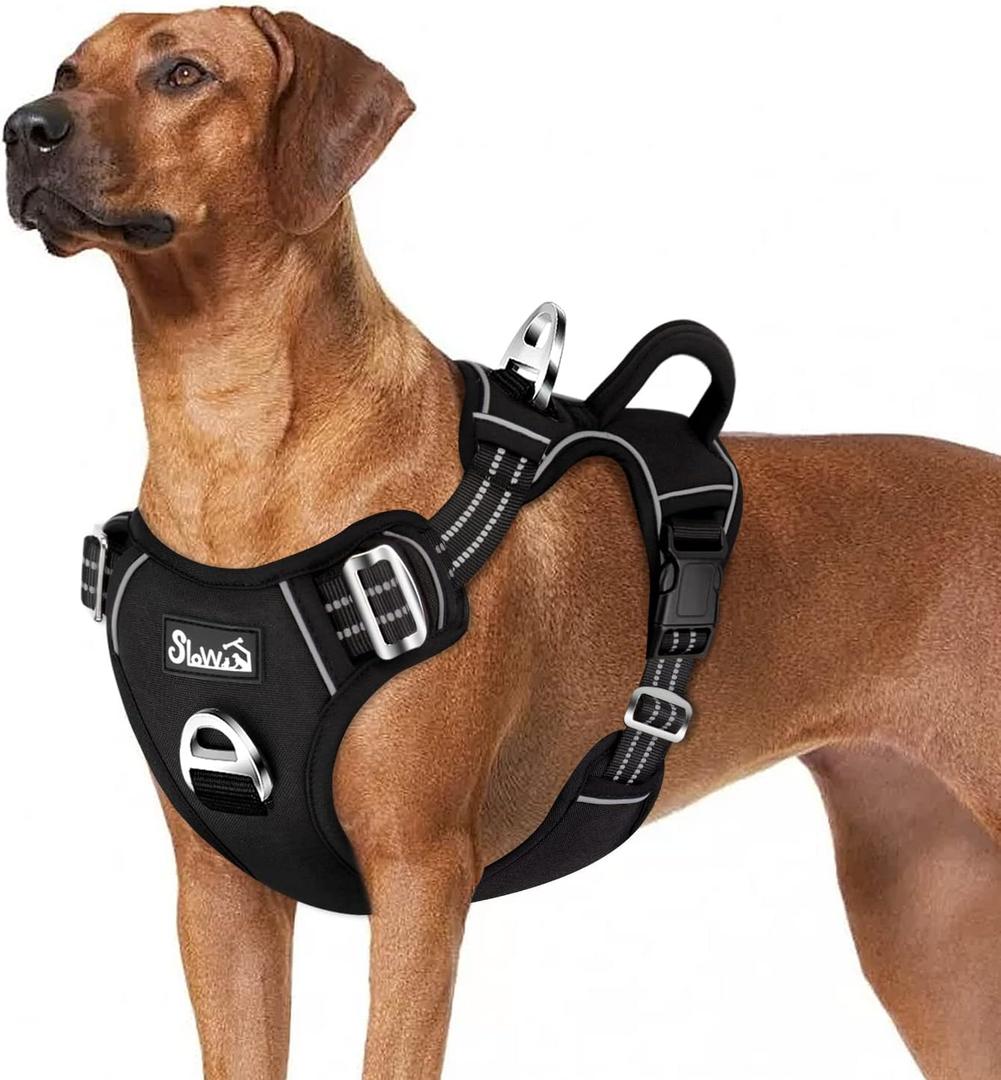 SlowTon No Pull Dog Harness, Heavy Duty No Choke Pet Harness with 2 Leash Clips and Easy Control Vertical Handle, Adjustable Soft Padded Dog Vest for Small, Medium and Large Dogs(Black,Large) (Large(Chest 18.5''-33.8''))