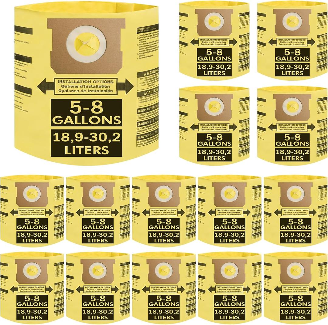 15 Pack 5-8 Gallon Vacuum Bags, Compatible with Shop Vac 5-8 Gallon Wet/Dry Vacuum; Type E 90661, 9066133; Type H 90671, 9067133; VF2004, VHBS, VDBS; Disposable Collection Filter BagYellow)