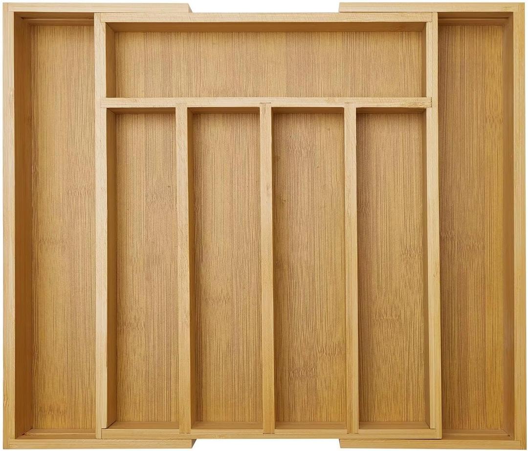 Expandable Large Utensil Drawer Organizer Cutlery Tray Bamboo Kitchen Silverware Organizer Cooking Utensil Tray Holder Adjustable Wooden Flatware Organizer for Drawer Spoon Fork Silverware Tray ((9"-15")x12.6", Natura)