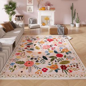 Living Room Rug 5x7 Rug Machine Washable Boho Area Rug Non Slip Floral Vintage Low Pile Large Rugs for Living Room, Bedroom, Farmhouse, Dining Room, Kids Playroom(Beige)