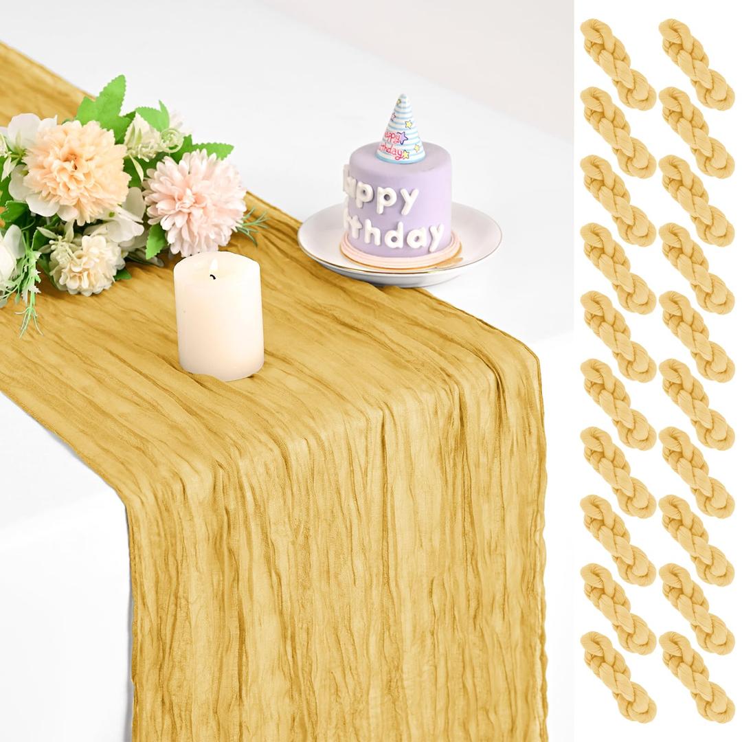 Teruntrue 20 Pack Gold Cheesecloth Table Runner 17x108 Inch, Boho Gauze Sheer Fabric Cheese Cloth Table Runners for Wedding Party Bridal Shower Baby Shower Birthday Home Decor Garden Farmhouse