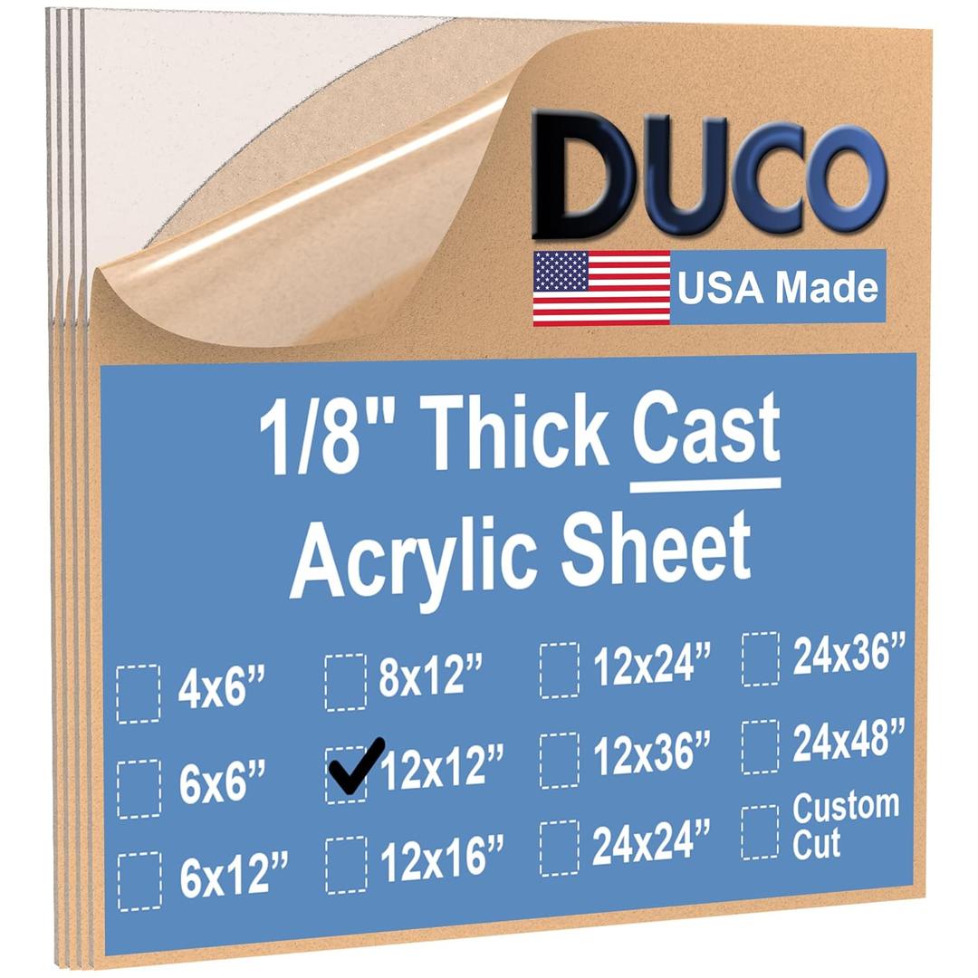 Duco Clear Cast Acrylic Sheets 1/8" (3mm) Thick 12" x 12" - 4 Pack of USA-Made Transparent Plexiglass Sheet - Shatter Resistant Acrylic Board for Window Replacements, Displays, Signs, & Barriers