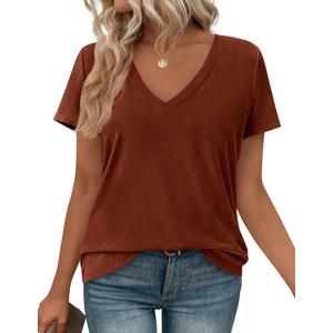 PRETTYGARDEN Womens Tops Short Sleeve Oversized Tshirts Shirts 2026 Summer Casual V Neck Loose Basic Tees Spring Tunic Blouse, L