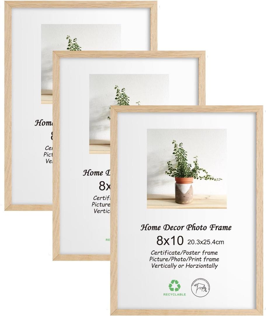 LYYYXGYP 8x10 OAK Wood Picture Frame 3 Pack Wooden Photo Frame Beige Natural Solid Wood Frame with Plexiglass for Wall Hanging and Tabletop Display
