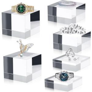 Geelin Acrylic Risers Stand Display Block Decor Riser 3 Size Decor Clear Polished Acrylic Cube Solid Pedestal Stand Square for Jewelry Perfume Photography Collection Food Doll Wedding(6 Pcs)