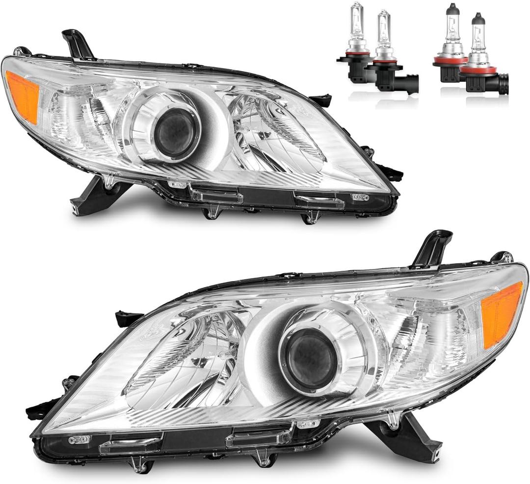 Headlights Assembly for 2011-2020 Toyota Sienna Headlamp Replacement with Amber Corner Lamps, Halogen, Driver & Passenger Side with Bulbs