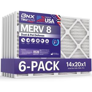 BNX TruFilter 14x20x1 Air Filter MERV 8 (Pack of 6 ) - MADE IN USA Dust & Pet Defense Electrostatic Pleated Air Conditioner HVAC AC Furnace Filters for Dust, Pet, Mold, Pollen MPR 600 700 & FPR 5