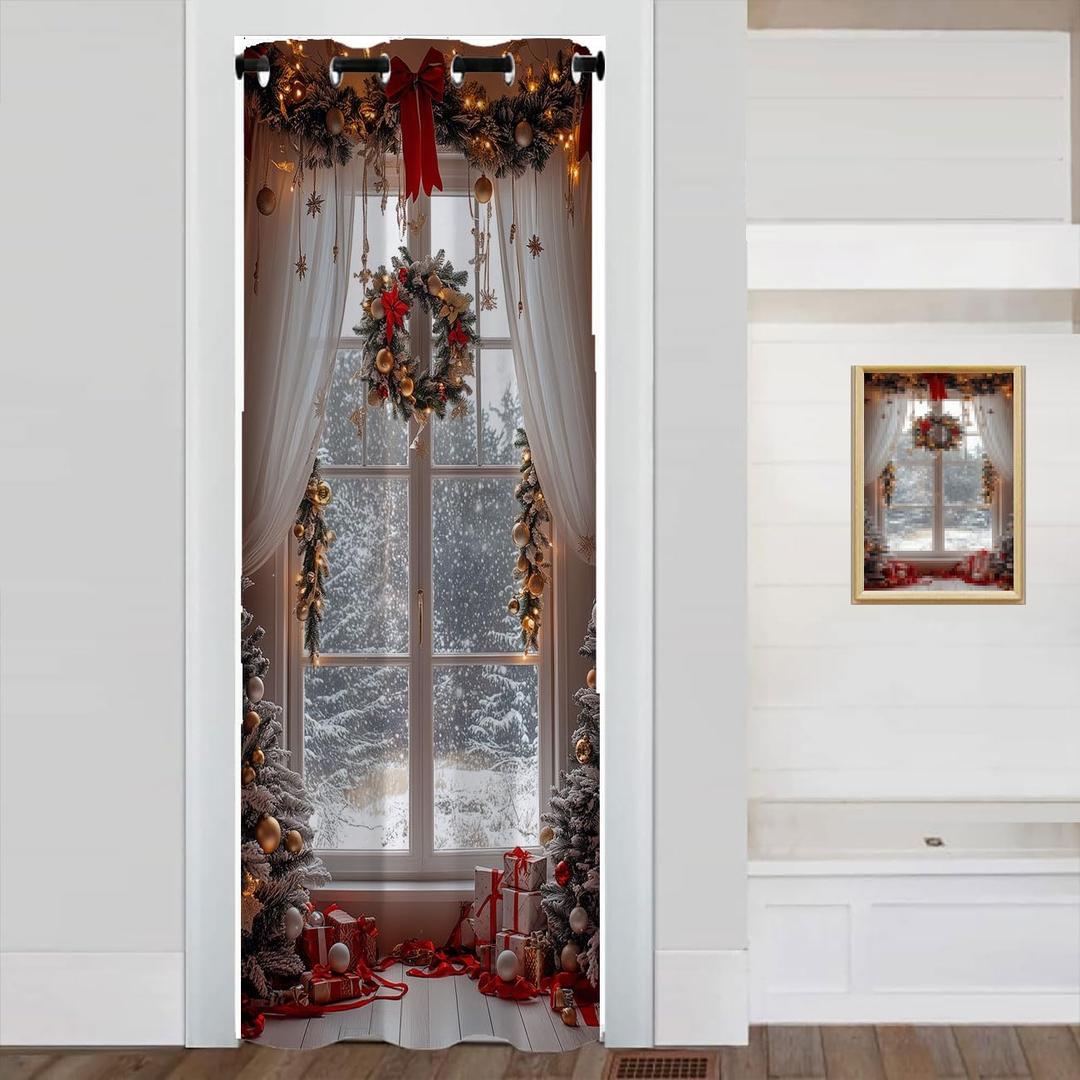 Christmas Doorway Curtain Garlands Wreaths Stars Christmas Ball Room Darkening Blackout Curtain for Kids Boys Girls Teens Room Decor, 1 Panel 34" W X 80" L