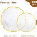 100 PCS Clear Stone Texture Plastic Plates with Gold Rim, Heavy-duty Clear Disposable Plates, Include 10" Dinner Plate and 7" Salad Plate for Party and Wedding