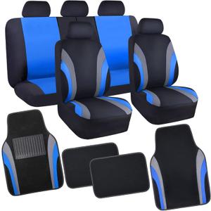 CAR PASS Line Rider Sporty Car Seat Covers Full Set with 4Pcs Waterproof Car Floor Mats Universal Fit Airbag Compatible Automotive Interior Covers for Sedans, Trucks,Vans,SUV (Combo Set, Black & Blue)