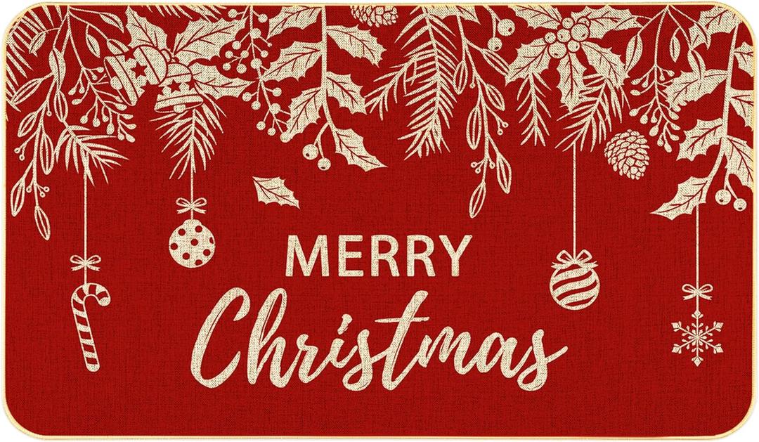 Merry Christmas Door Mat Red Xmas Doormat Outdoor/Indoor Entrance Non-Slip Welcome Mat Winter Home Decor 17x29 Inch