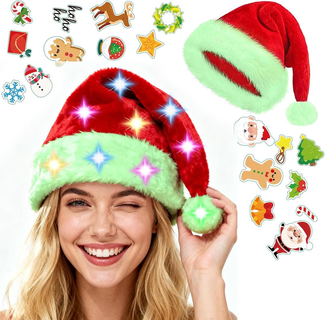 HAOSJINY Light up Santa Hat, Led Christmas Hat With 20 Diy Holiday Stickers, Santa Hats Adult With Colorful Led Strip Light, For Xmas New Year Christmas Party（Upgraded Green Adult）