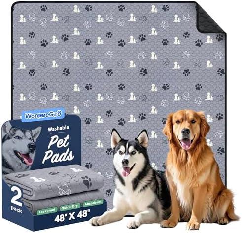 WanpeeGoo Washable Pee Pads, Puppy Pee Pad for Dogs, 2 Pack Absorbent Reusable Training Dog Pads Pet Puppy Pads, Non-Slip Potty Pads for Whelping, Playpen, Crate, Bed, Grey 48"x48"