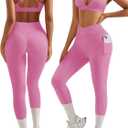 RXRXCOCO 2 Piece Workout Sets for Women Strappy Sports Bra Booty Leggings with Pockets Yoga Gym Outfits (Small, Pink)