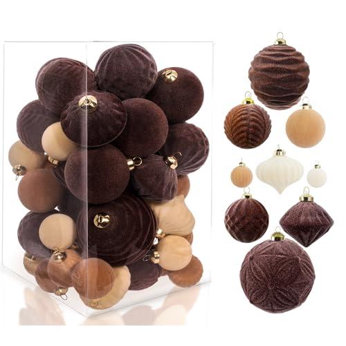 42PCS Velvet Christmas Ball Ornaments, Flocked Vintage Rustic Farmhouse Baubles in Assorted Sizes for Xmas Tree Decorations, Hanging Ornaments for Home, Party & Wedding Décor (Brown, Beige, White)