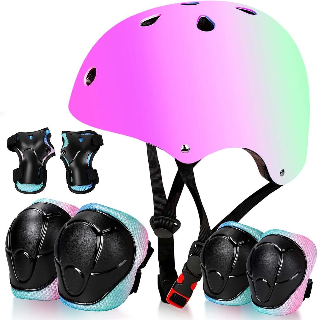 Kids Bike Helmet Set Adjustable for Children, Boys, Girls and Teenagers Aged 3-14 Years Includes Elbow, Knee, Wrist Guards Children's Helmet Protection Set for Bikes SkateboardsRollerskates, Medium: 20.47"-22.83" / 8-14 year