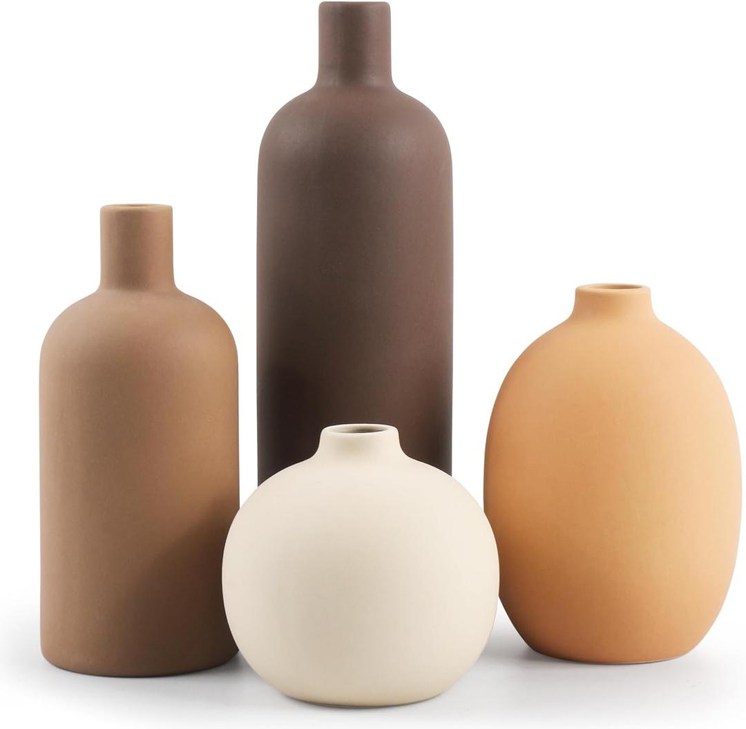 4 x Ceramic Neutral Vase Set of 4 for Farmhouse Home Decor, Rustic Decorative Vases for Boho Living Room Centerpieces, Entryway Decorations, Coffee Table, Bookshelf, Fireplace Mantel