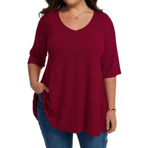 LARACE Elbow Sleeve Plus Size Tops for Women, Women's Half Sleeves Tunic Shirts Spring Summer Fall Clothes Blouse V Neck (Red, XXL)