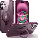 Magnetic Compatible with iPhone 16 Case with Stand [Military Grade Drop Tested][Compatible with Magnet] Ring Translucent Slim Hard Back Soft Edge, Wine Red