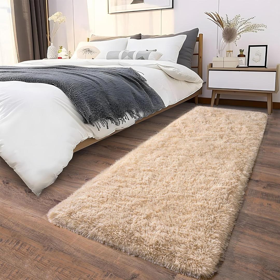 Fluffy Shag Runner Rugs for Bedroom Hallways, 2x8 Beige Long Soft Throw Area Rug Non Slip for Bedside Dorm, Shaggy Furry Carpet for Nursery Living Room Home Decor