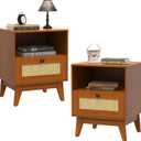 Rattan Nightstand Set of 2, Farmhouse End Table with Solid Wood Legs, Small Boho Mid Century Modern End Table with Storage for Bedroom, Living Room- Boho Style